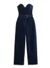 Frauen Schulterfreier Denim-Overall mit Gürtel, ärmellos, rückenfrei, Reißverschluss, gerade, lange Overalls, Sommermode, Strampler, Streetwear, 240116