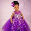 紫色の花の女の子ドレスビーズカラフルな花ボールガウンプリンセスフラワーガールガウンティアルリトルキッズバースデーパーティー娘とマザードレスCF010