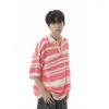 Men's T Shirts Summer Knitted Short Sleeve Men Polo Shirt Vintage Colorful Hollow Out Striped Fashion All-match Oversized Streetwear Top