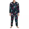 Homens sleepwear rosas impressão outono floral abstrato solto conjuntos de pijama de grandes dimensões homens manga longa macio lazer padrão nightwear