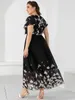 Plus -storlek Casual Women's Dresses 2023 Summer Ruffles V Neck Short Sleeve Floral Maxi Long Dress Black Chiffon Boho Beach 240116