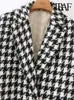 TRAF Women Fashion Houndstooth Tweed Blazer Coat Vintage Long Sleeve Flap Pockets Female Outerwear Chic Veste Femme 240116
