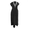 Casual Dresses Women Summer Dress V Neck Kort ärm Solid Color Loose A-line veckade mjuka fickor Midkalvlängd Bech Midi