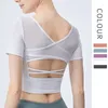 Aktive Shirts Sexy Yoga-Oberteil mit integriertem BH, schnell trocknendes Crop-Workout, weißes, langärmliges Sport-Mesh-Splice-Fitness-Shirt