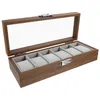 Obserwuj pudełka 6 gniazd orzech drewniany wyświetlacz drewna drewnianego Organizator biżuterii zewnętrznej obudowa obudowa przezroczysty kontener projektowy