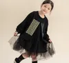 2024 Spring Big Girls Lace Tulle Dresses Kids Floral Rabbit Printed Long Sleeve Dress Kids Black Gauze Princess Complements Z6773