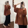 Vêtements ethniques Femmes Eid Musulman Tops O Cou Taille Serrée Blouses Dubai Malaisiens Plis Solide Casual Slim Fit Bouton Légère Strech Pull