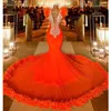 Robe de bal Pop Orange avec plumes, tenue de soirée noire pour filles, col en V profond, pour occasions de Gala, d'anniversaire, 2k23, 296R