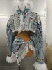 Stage Wear Sexy Blue Jean Pattern 2 Pieces Set Sequins Costume Outfit Birthday Party Dance Nightclub Singer Performance Top Skirt