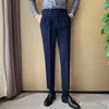 Highwaist Mens Suit Pant British Style Business Formal Wear Clothing Simple Slim Fit Casual Office Trousers Straight Pantalones 240117