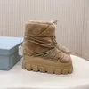 Com caixa Shearling apres-ski boot mulheres carta bota de neve nylon martin tornozelo esqui deslizamento redondo designer de luxo rendas até sapatos nylon gabardine après botas de esqui 35-41