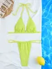 2024 Halter Ribbed High Leg Cut Bikini Female Swimsuit Women Swimwear Two-pieces Bikini set Bather Bathing Suit Swim