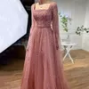 Serene Hill Muslim Pink A Line Square Collar Beaded Luxury Dubai Evening Dresses Gowns for Women Wedding Party LA71803A 240116