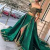 Indian hunter Green 2 Piece Evening Dresses with Gold Lace Applique Prom Gowns Sexy Saudi Arabic Beaded Kaftan abaya Wear251R