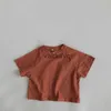 풀오버 Lawadka 여름 어린이 티셔츠 패션 솔리드 여자 티 짧은 슬리브 코튼 소년 탑 1-6 년 H240508에 대한 한국 캐주얼 어린이 옷
