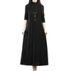 Casual Dresses Loose Waistline Dress Solid Color High Collar Knitted A-line Midi For Women Thick Warm Long Sleeve Pleated Winter