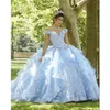 Licht Himmelblau Prinzessin Quinceanera Kleid 2023 Schulterfrei Applikationen Pailletten Blumen Party Süßes 16 Kleid Vestidos De 15168S