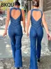 BKQU Backless Heart Cutout Bodycon Jumpsuit for Women Summer Blue Sleeveless Slim Outfits Retro Denim Jumpsuits 240116