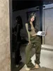 Women's Two Piece Pants Girl Suit Army Green Pleated Long-sleeved T-shirt Women's Autumn And Winter Loose Cargo Fashion Two-Piece Set