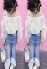 Toddler Kids Clothes Set Baby Girl Lace Off Shoulder T Shirt Tops Destroyed Ripped Jeans Flare Pants Children Outfits 2Pcs 4964538