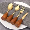 Fourchettes cuillère occidentale manche en bois de haute qualité vaisselle en or couteau fourchette en acier inoxydable ustensiles de cuisine créatifs