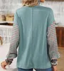 Women's T Shirts Striped Print Lantern Sleeve Blouses O-Neck Pullover Casual Top Elegant Office Lady Party Spring Autumn 2024