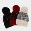 Bérets élégant dame casquette bonnet paillettes automne hiver chaud tricoté bonnet amovible boule de cheveux