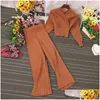 Pantalons de deux pièces pour femmes Elgant Mode Femmes Brillant Tricoté Deux Pièces Ensemble Automne Hiver Col V Manches Chauve-Souris Pull Haut Élastique Large Dh6Jl