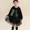 2024 Spring Big Girls Lace Tulle Dresses Kids Floral Rabbit Printed Long Sleeve Dress Kids Black Gauze Princess Complements Z6773