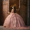 Różowe cekiny suknia balowa sukienka Quinceanera Tiulle złota aplikacje kwiaty koraliki z ramiona Słodka 15 16 urodzin Formalne