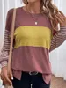 Women's T Shirts Striped Print Lantern Sleeve Blouses O-Neck Pullover Casual Top Elegant Office Lady Party Spring Autumn 2024