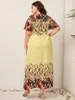 2023 Women Summer Long Dress V Neck Short Sleeve Floral Print Boho Beach Curvy Woman Plus Size Clothing 240116