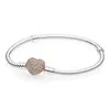 Rose Gold Silver Moments Pave Heart Clasp Snake Chain 925 Sterling Bracelet Bangle Fit Fashion Bead Charm DIY Jewelry 240116