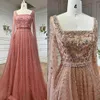 Serene Hill Muslim Pink A Line Square Collar Beaded Luxury Dubai Evening Dresses Gowns for Women Wedding Party LA71803A 240116