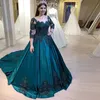 Koyu yeşil 3/4 uzun kollu balo elbisesi kepçe boyun aplikeler akşam balo elbisesi elbise vestido de formatura yd