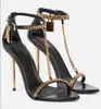 Italy Design TomXford Padlock Sandals Shoes Women T-Strap Chain Leather Gold Metal Stiletto Heel Party Wedding Lady Sexy Sandalias EU35-43