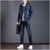 Men'S Tracksuits Smart Business Tracksuits Simple Blue Men Two-Piece Sets Spring Autumn Denim Jacket And Jeans Fashion Slim Trendy St Dhheb