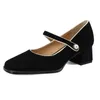 Elbise ayakkabıları 2024 kadın koyun derisi yaz retro kahverengi siyah kare ayak parmağı tıknaz topuklar moda gündelik bayanlar Mary Jane boncuk