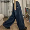 Spring Women Vintage Baggy Jeans Elastic Waist Oversized American Trouser Denim Wide Leg Streetwear Straight Basic Pants Y2k 240116