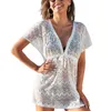 Damesbadmode Dames Cover-up Jurk Korte mouw V-hals Doorzichtige vetersluiting Los Zomermode Strand