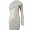 Casual Jurken Een Schouder Allover Pailletten Jurk Vrouwen Party Bodycon Avond Nacht Hoge Taille Zilver Midi Y2k Elegante Vestidos