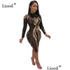 Grundläggande avslappnade klänningar Casual Dresses Liooil Sequin Y Mesh Sheer BodyCon Midi Dress 2021 Autumn Winter Long Sleeve See Through DH1OG