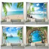 Summer Ocean Landscape Tapestry Beach Palm Trees Birds Natural Scarery Tapestries Modern Living Room Decor Wall Hang Mat 240117