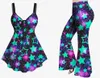 Ruched Star Heart Glitter Printed Cinched Tank Top Or Flare Pants Plus Size Matching Set Women Casual Streetwear Outfits 240117