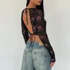 Mulheres camisetas Mulheres Manga Longa Lace Sheer Camisetas Tie-Up Backless Slim Fit Primavera Outono Tops Moda Club Streetwear