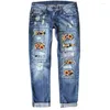 Kvinnors jeans sommar vintage kvinnor mode rippade hål rutiga lapp lapptäcke långa denim byxor casual streetwear byxor