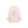 Trajes para mujer Blazers Trajes para mujer Blazer de manga de plumas Mujeres Un botón Chaqueta de gran tamaño Blazers de oficina largos para streetwear Traje D DHVXH