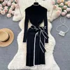 Casual Dresses Lady Winter Maxi Dress Elegant Vintage High Neck With Belted Midje Split Hem Women's Long Sleeve Sticked Mante