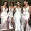 Sexy Spaghetti Straps Mermaid Long Bridesmaid Dresses Satin Ruched High Split Maid of Honor Wedding Guest Dress BM1683210F