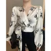 Blusas femininas chiffon camisa temperamento deslocamento cruz gravata com decote em v manga comprida 2024 primavera topo moda feminina